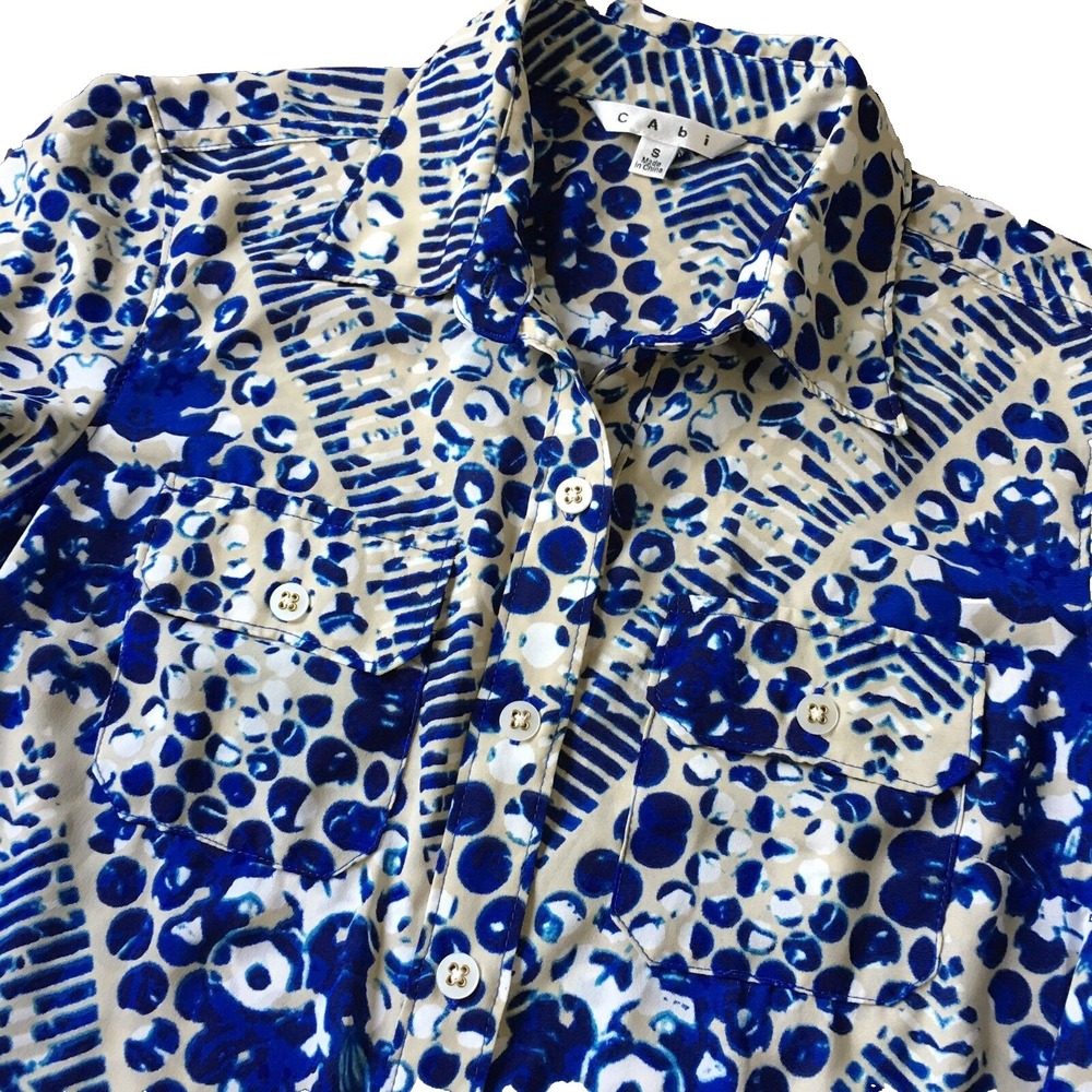 Cabi Blue Jewel Print Shirt Dress Women S 4 6 Button Up #422 Roll Tab Sleeve - Picture 3 of 10